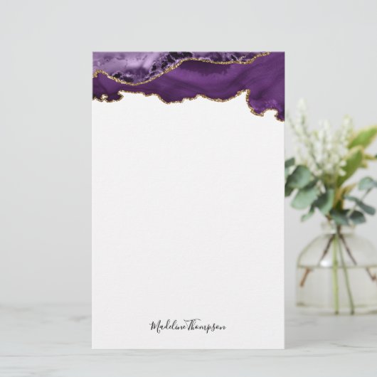 Velvet Lila Gold Agate Geode Script Typografie Briefpapier (Stehend Vorderseite)