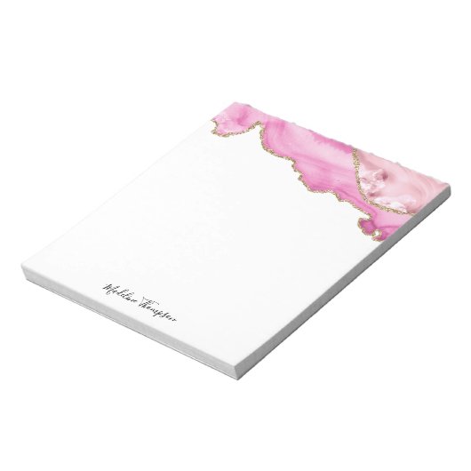 Velvet Pink Gold Agate Geode Script Typography Notizblock (Rotiert)