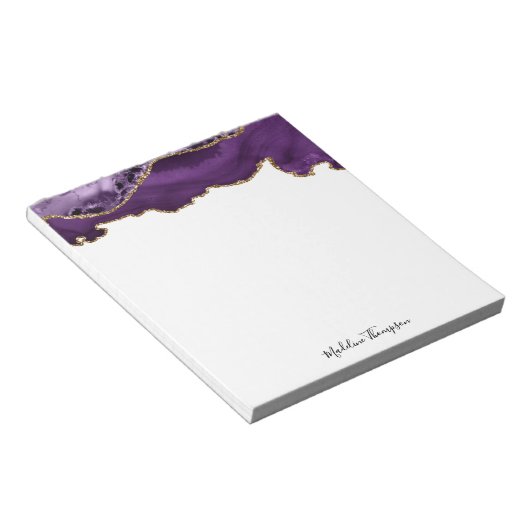 Velvet Puple Gold Agate Geode Script Typografie Notizblock (angewinkelt)