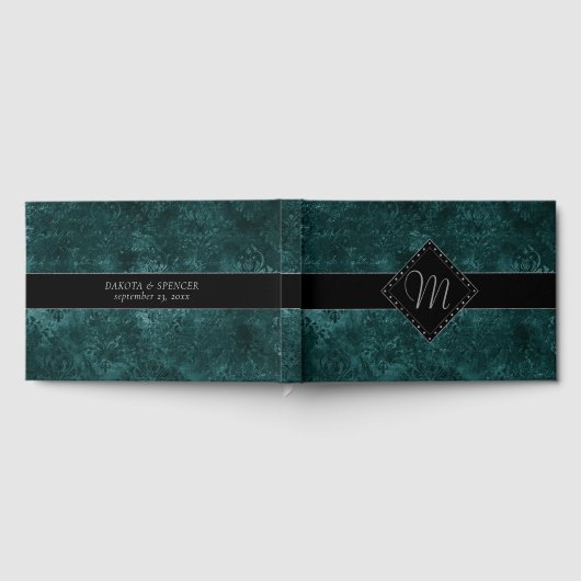 Velvety Aquamarin Damask | Dunkelgrüne Grunge Cust Gästebuch (Voll)