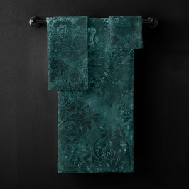 Velvety Aquamarin Damask | Dunkelgrüner Grunge Bar Badhandtuch Set