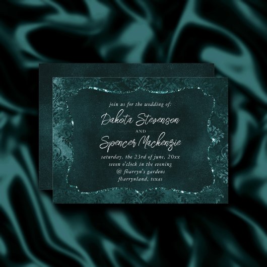 Velvety Aquamarin Damask | Dunkelgrüner Grunge Bar Einladung