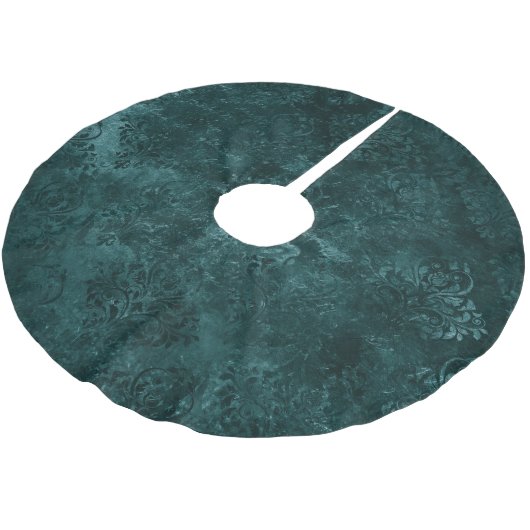 Velvety Aquamarin Damask | Dunkelgrüner Grunge Bar Polyester Weihnachtsbaumdecke (Schrägansicht)
