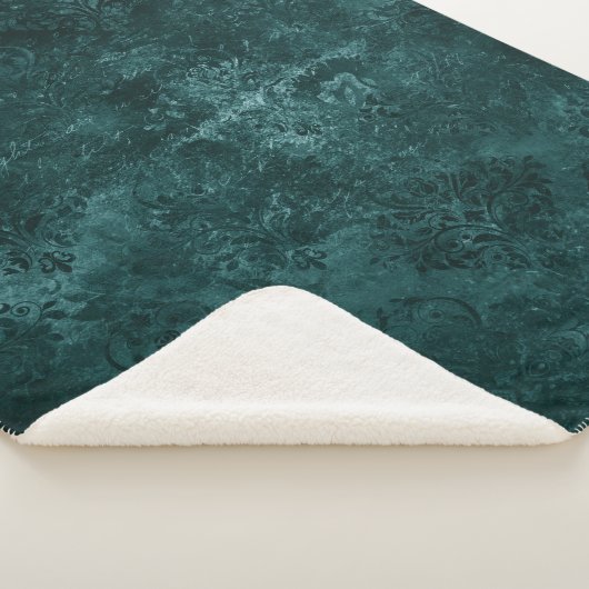 Velvety Aquamarin Damask | Dunkelgrüner Grunge Bar Sherpadecke (3/4)
