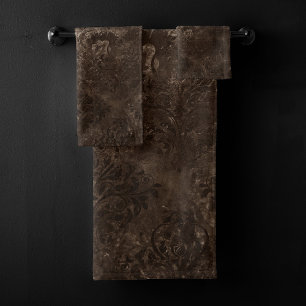 Velvety Bronze Damask   Brown Baroque Grunge Badhandtuch Set