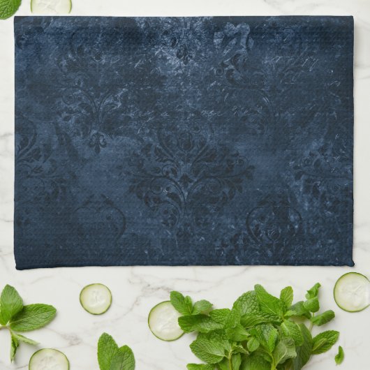 Velvety Navy Damask | Dark Blue Grunge Barock Geschirrtuch (Gefaltet)
