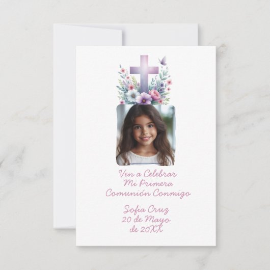 Ven A Celebrar Mi Primera Comunión con Foto Flores Dankeskarte (Vorderseite)