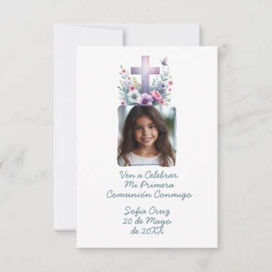 Ven A Celebrar Mi Primera Comunión con Foto Flores Dankeskarte (Vorderseite)