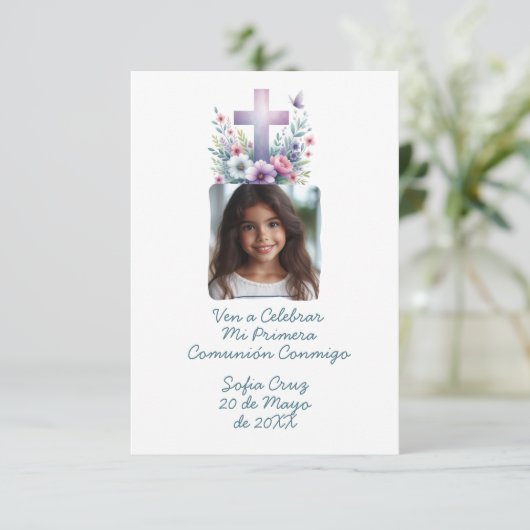 Ven A Celebrar Mi Primera Comunión con Foto Flores Dankeskarte (Stehend Vorderseite)