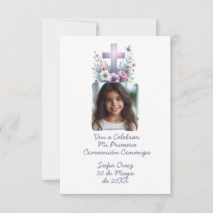 Ven A Celebrar Mi Primera Comunión con Foto Flores Dankeskarte
