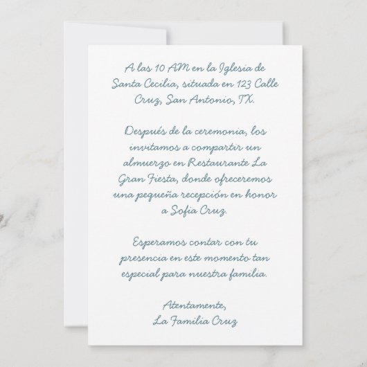 Ven A Celebrar Mi Primera Comunión con Foto Flores Einladung (Rückseite)