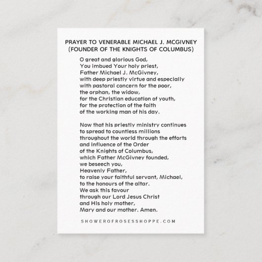 Ven. Michael McGivney Knights of Columbus CARD Platzkarte (Rückseite)
