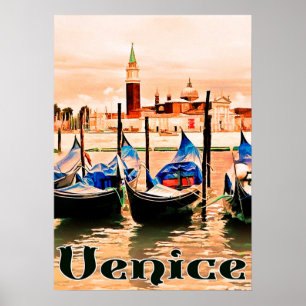 Venedig, Italien, Boote im Stadtport, Vintage-Reis Poster