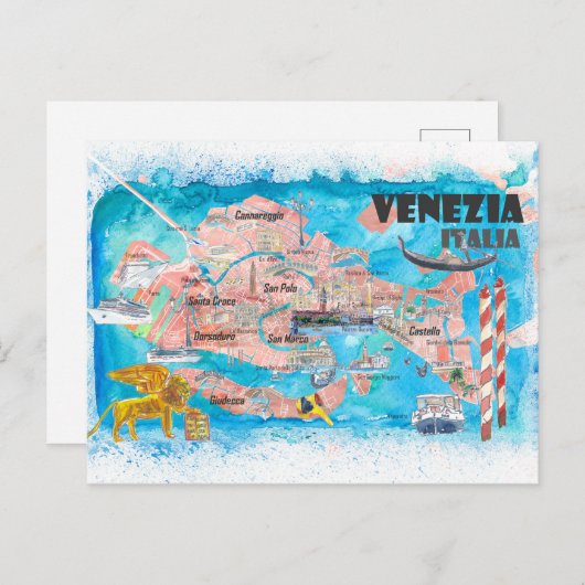 Venedig Italien Illustrierte Karte mit den Hauptka (Vorne/Hinten)