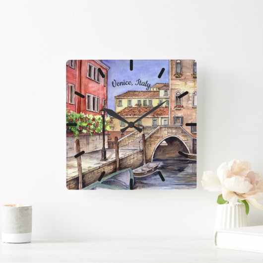 Venedig - Pen & Wash Aquarellmalerei Quadratische Wanduhr (Zuhause)