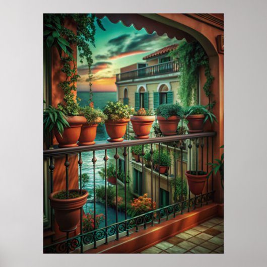 Venetian Balcony Sunset Canal View Art Poster (Vorne)