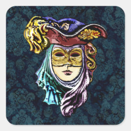 Venezianische Maske auf dunklem Damast Hintergrund Quadratischer Aufkleber