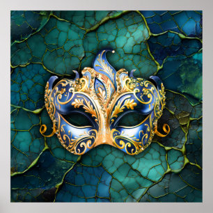 Venezianische Maske zum Aquamarin-blauen Hintergru Poster