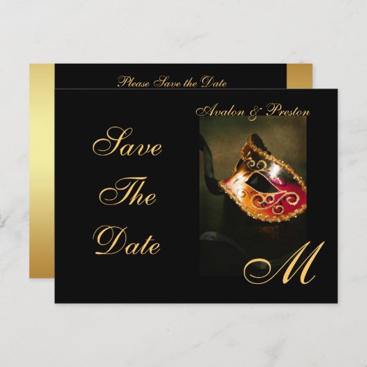Venezianische Maskenmaske Save the Date Postkarte (Vorne/Hinten)