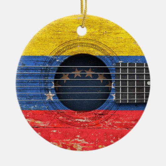 Venezolanische Flagge auf alter Akustikgitarre Keramik Ornament (Vorne)