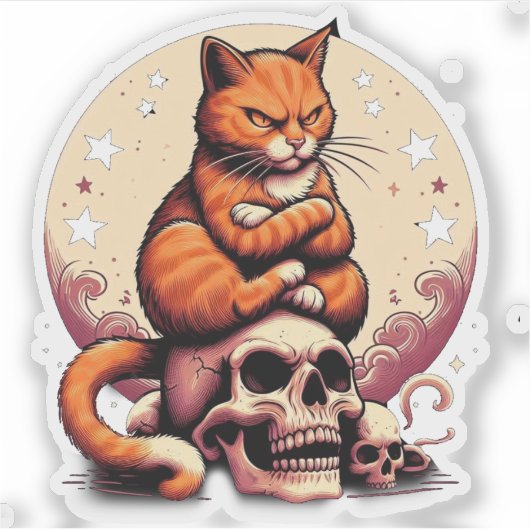 Vengeful Orange Cat, Skulls and Moon Aufkleber (Vorderseite)