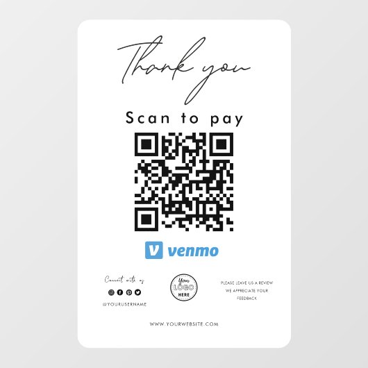 Venmo QR Code Logo Scan to Pay Vielen Dank Fensteraufkleber (Blatt)