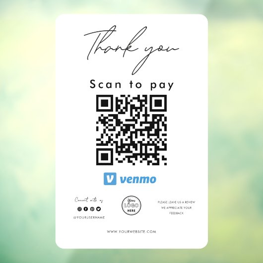 Venmo QR Code Logo Scan to Pay Vielen Dank Fensteraufkleber (Blatt 3)