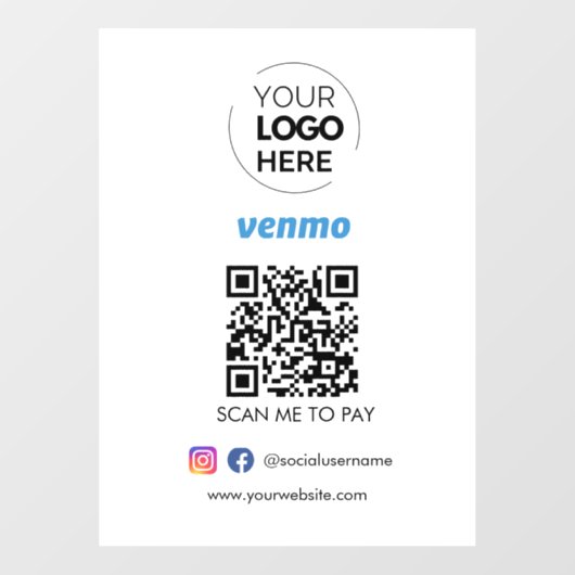 Venmo QR Code Zahlung | Scan to Pay Business Logo Fensteraufkleber (Blatt)