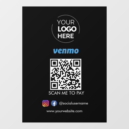 Venmo QR Code Zahlung | Scannen, um schwarz zu bez Fensteraufkleber (Blatt)