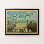 Ventura Beach Vintage Travel Puzzle<br><div class="desc">Dieses Greetings From Ventura Vintage Postcard Design verfügt über einen Sandstrand mit einem schönen türkisfarbenen Ozean und über dem Meer,  einem blauen Himmel mit billigen weißen Wolken. Im Vintage Reisen Stil.</div>