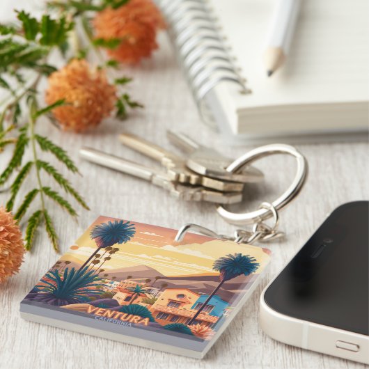 Ventura Sunset Mountains Süd California Retro Schlüsselanhänger (Vorderseite rechts)