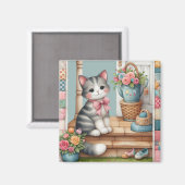 Veranda-Kätzchen-Blumen-Patchwork-Szene Magnet (Vorderseite/Rückseite)
