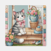 Veranda-Kätzchen-Blumen-Patchwork-Szene Magnet (Vorne)