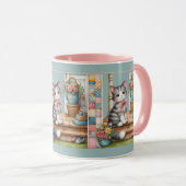 Veranda-Kätzchen-Blumen-Patchwork-Szene Tasse (VorderseiteRechts)