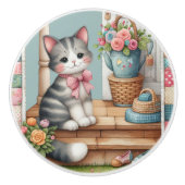 Veranda-Kitty-Blumen-Patchwork-Szene Keramikknauf (Vorderseite)