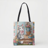 Veranda-Kitty-Blumen-Patchwork-Szene Tasche (Vorderseite)