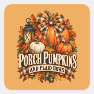 Verandakürbisse mit Karobögen - Herbst Cottagecore Quadratischer Aufkleber