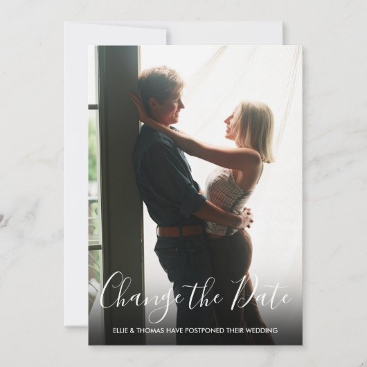 Verändertes Datum Aufgeschobene Hochzeits-Script-F Save The Date (Vorderseite)