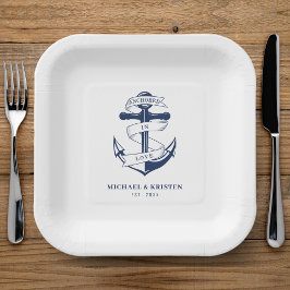 verankert in der Liebe Weißes Nautikanker Hochzeit Pappteller