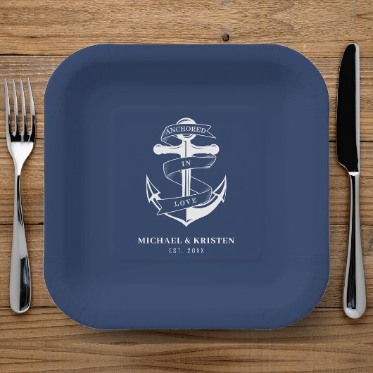 Verankert in Liebe Nautical Blue Anchor Hochzeit Pappteller