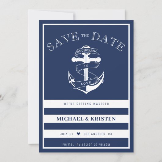 Verankert in Liebe Nautical Blue Anchor Hochzeit Save The Date (Vorderseite)