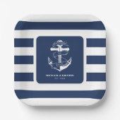 verankert in Liebe Nautical Blue Anchor Striping Pappteller (Vorderseite)