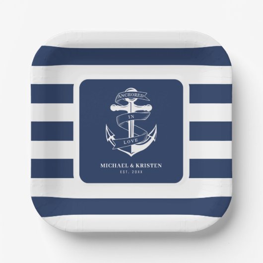 verankert in Liebe Nautical Blue Anchor Striping Pappteller (Vorderseite)