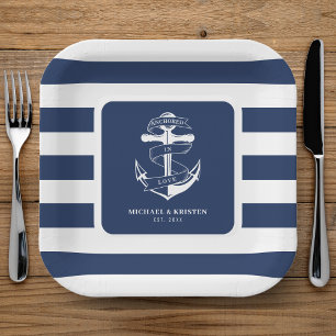 verankert in Liebe Nautical Blue Anchor Striping Pappteller