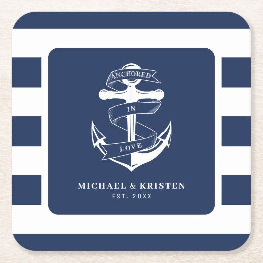 verankert in Liebe Nautical Blue Anchor Striping Rechteckiger Pappuntersetzer (Vorderseite)