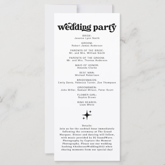 Veranstaltungsprogramm für die Retro-Hochzeit (Rückseite)