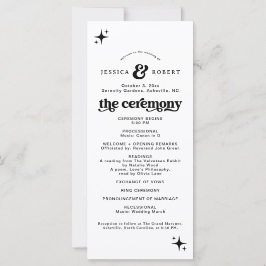 Veranstaltungsprogramm für die Retro-Hochzeit (Vorderseite)