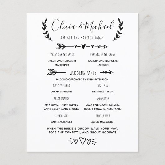 Veranstaltungsreihenfolge des Hochzeitsprogramms (Vorderseite)