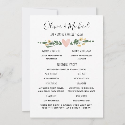 Veranstaltungsreihenfolge des Hochzeitsprogramms Einladung (Vorderseite)