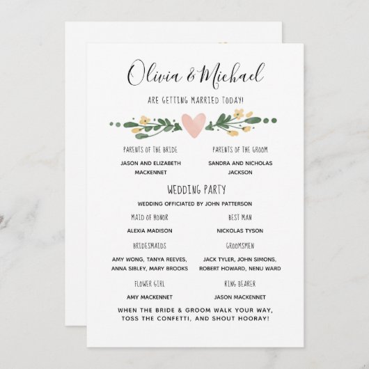 Veranstaltungsreihenfolge des Hochzeitsprogramms Einladung (Vorne/Hinten)